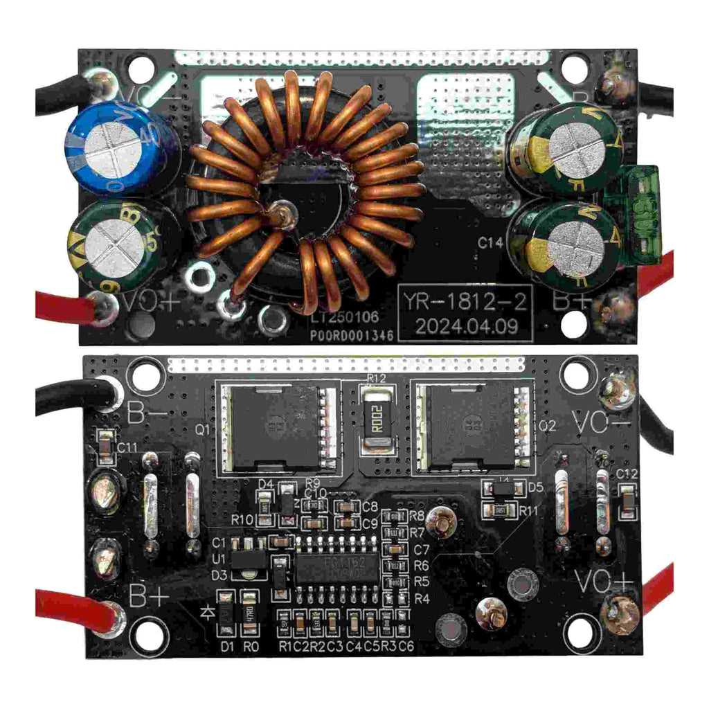 Milwaukee M18 to Milwaukee M12 battery adapter - both faces of the internal circuit board, toroidal coil and lead wires