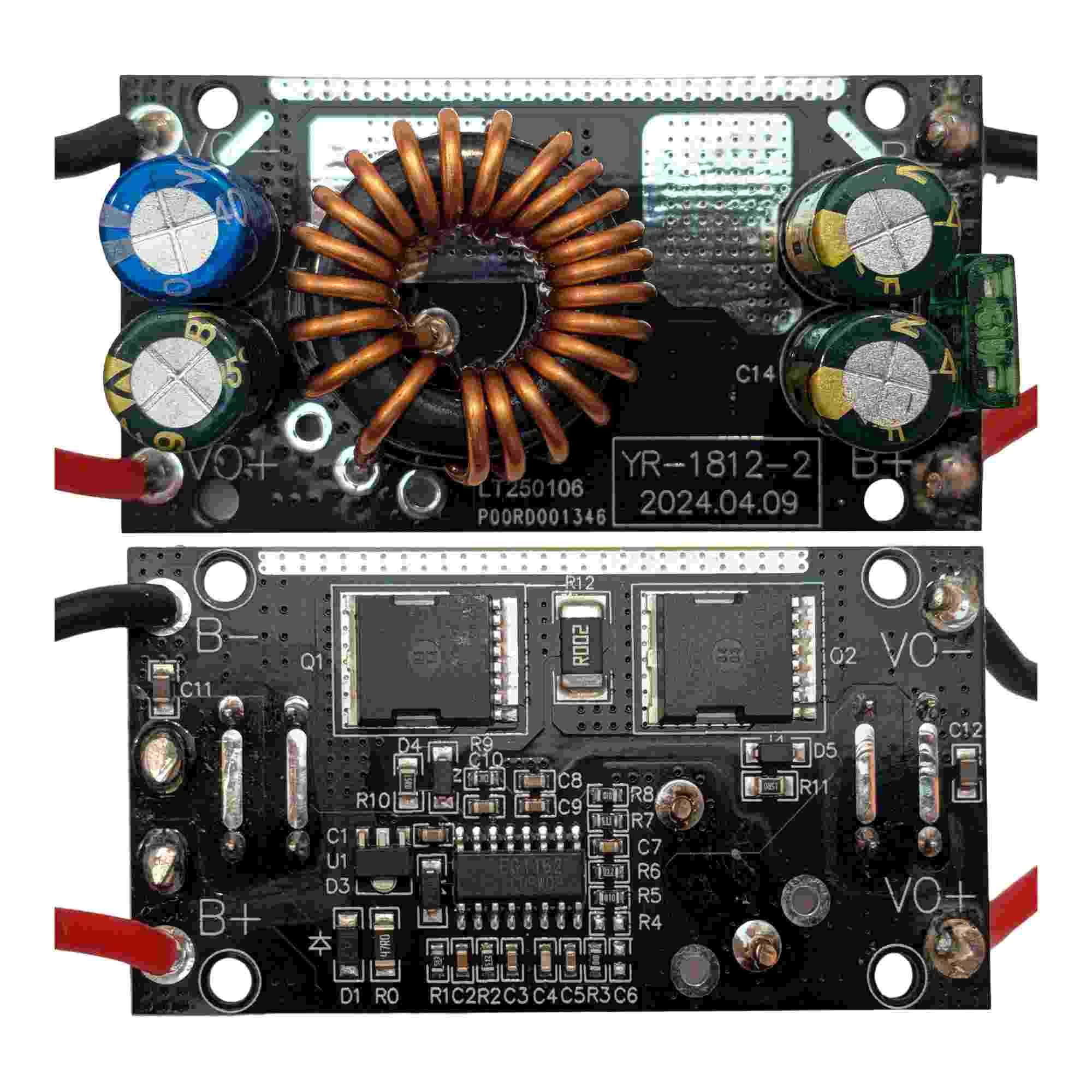 Milwaukee M18 to Milwaukee M12 battery adapter - both faces of the internal circuit board, toroidal coil and lead wires