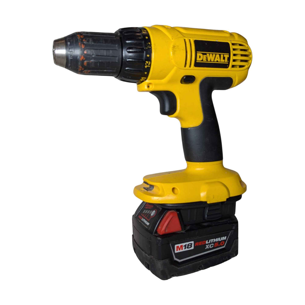 Milwaukee M18 to DeWalt 18V Ni-Cd battery adapter - installed on a DeWalt drill, Milwaukee battery fitted beneath