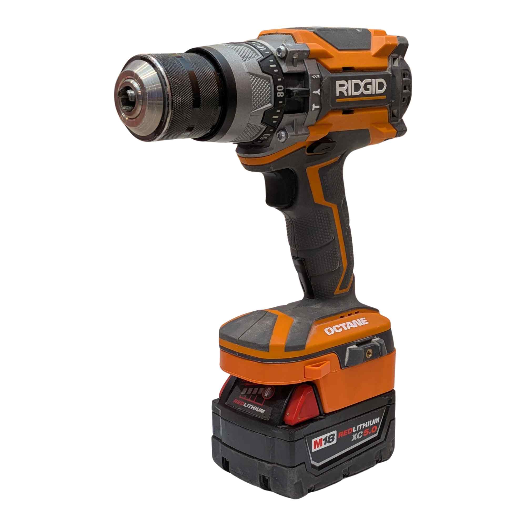 Milwaukee M18 to RIDGID 18V battery adapter - installed on a RIDGID drill with the Milwaukee battery attached