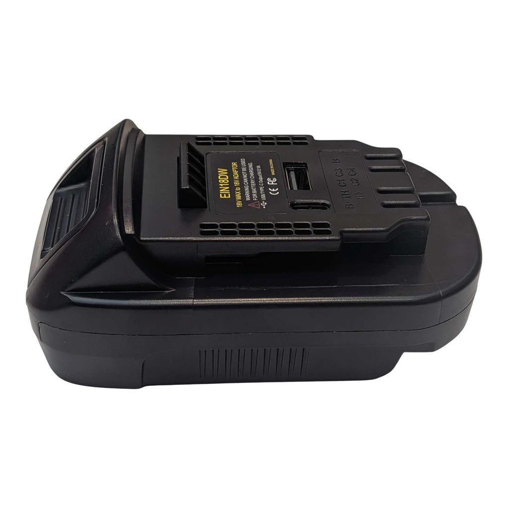 Ozito 18V PXC to DeWalt 20V MAX battery adapter - side view showing the DeWalt tool-side connection and the USB ports