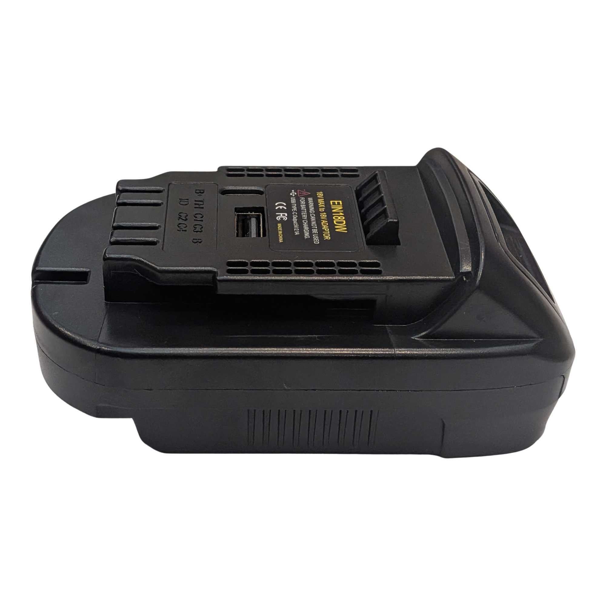 Ozito 18V PXC to DeWalt 20V MAX battery adapter - side view showing the DeWalt tool-side connection and the USB ports