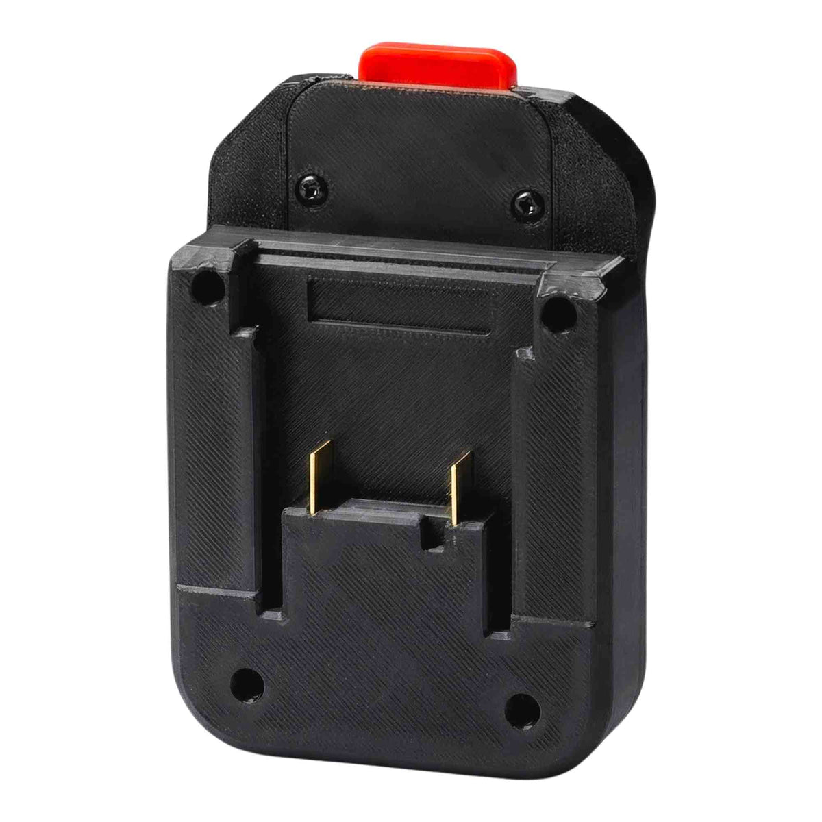 Ozito 18V PXC to MacNaught 18V battery adapter - battery-side connection, twin copper blades and four screw bosses