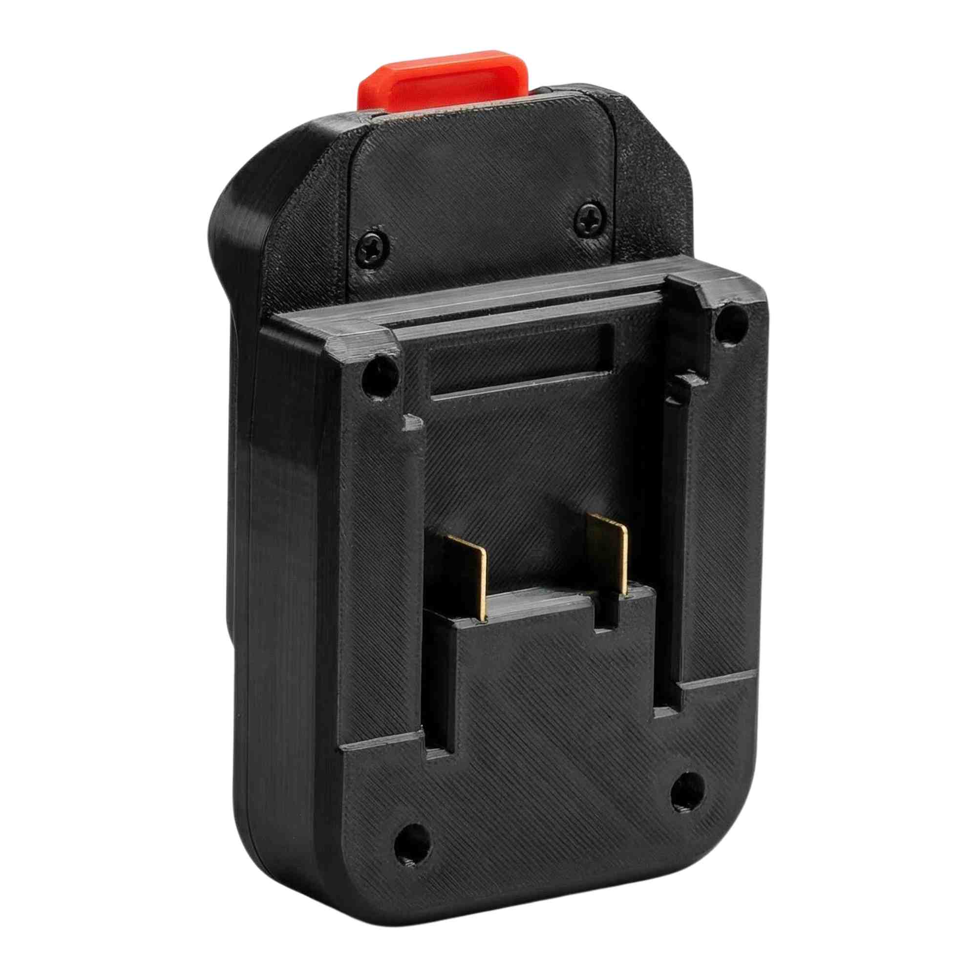 Ozito 18V PXC to MacNaught 18V battery adapter - battery-side connection, twin copper blades and four screw bosses