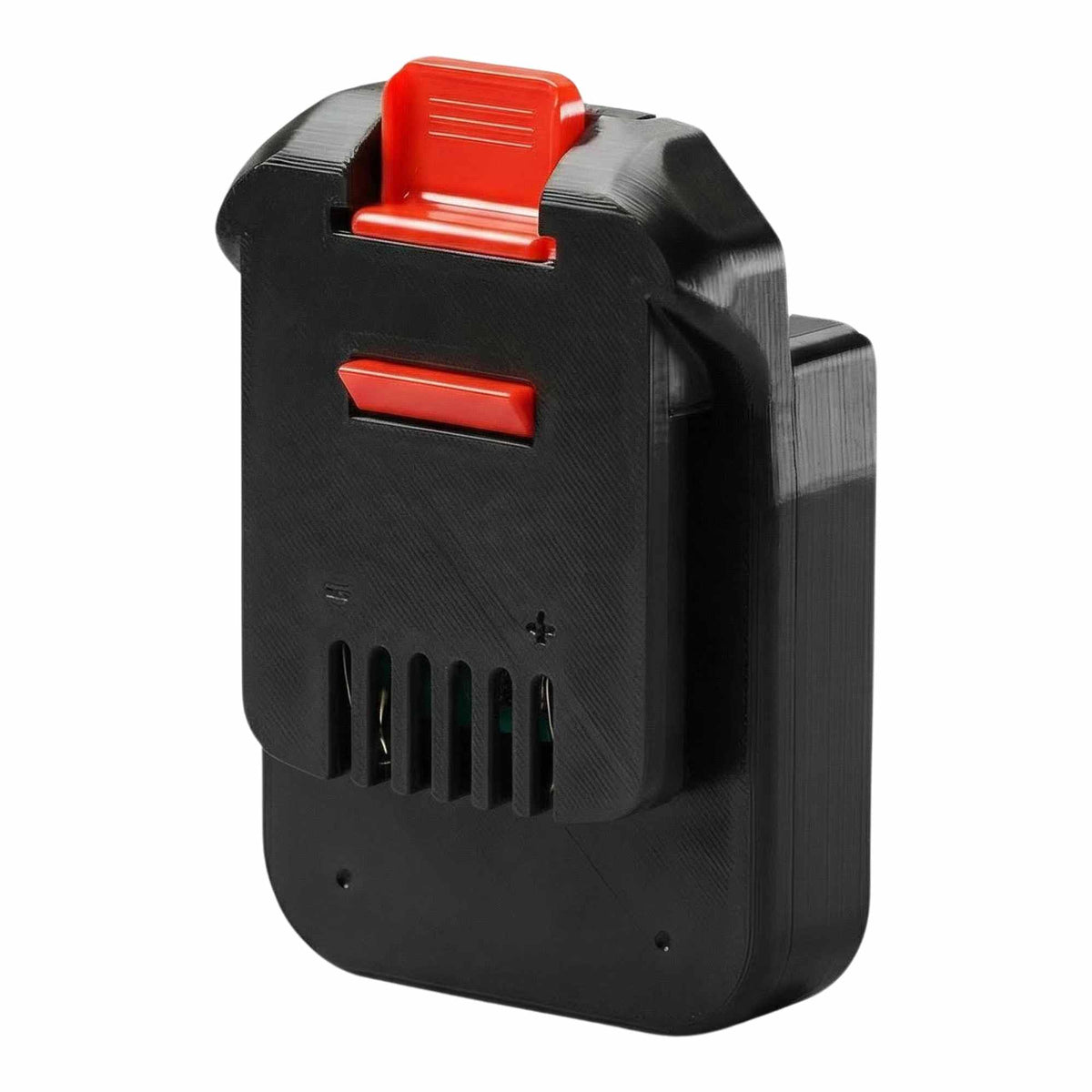 Ozito 18V PXC to MacNaught 18V battery adapter - MacNaught tool-side connection, red release latches and polarity marks