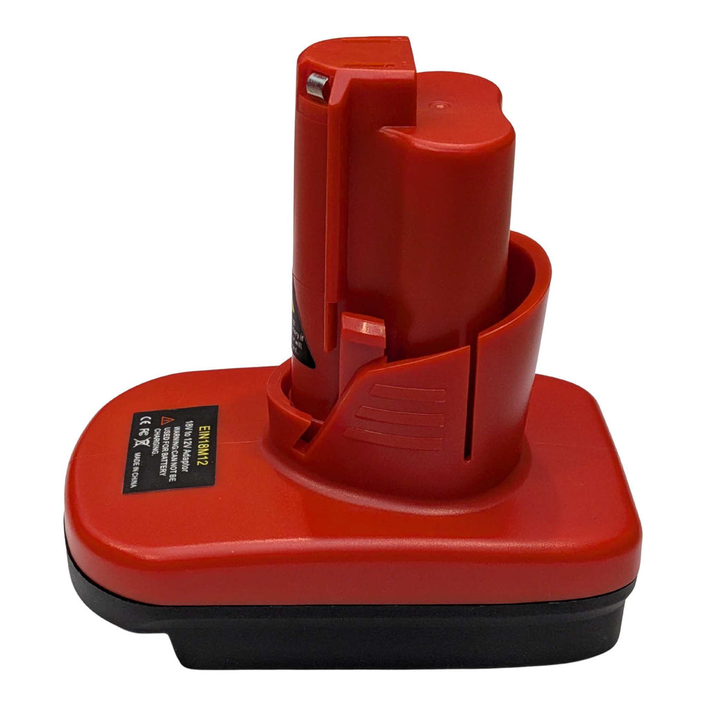Ozito 18V PXC to Milwaukee M12 battery adapter - side view showing both connections, red body over the black base