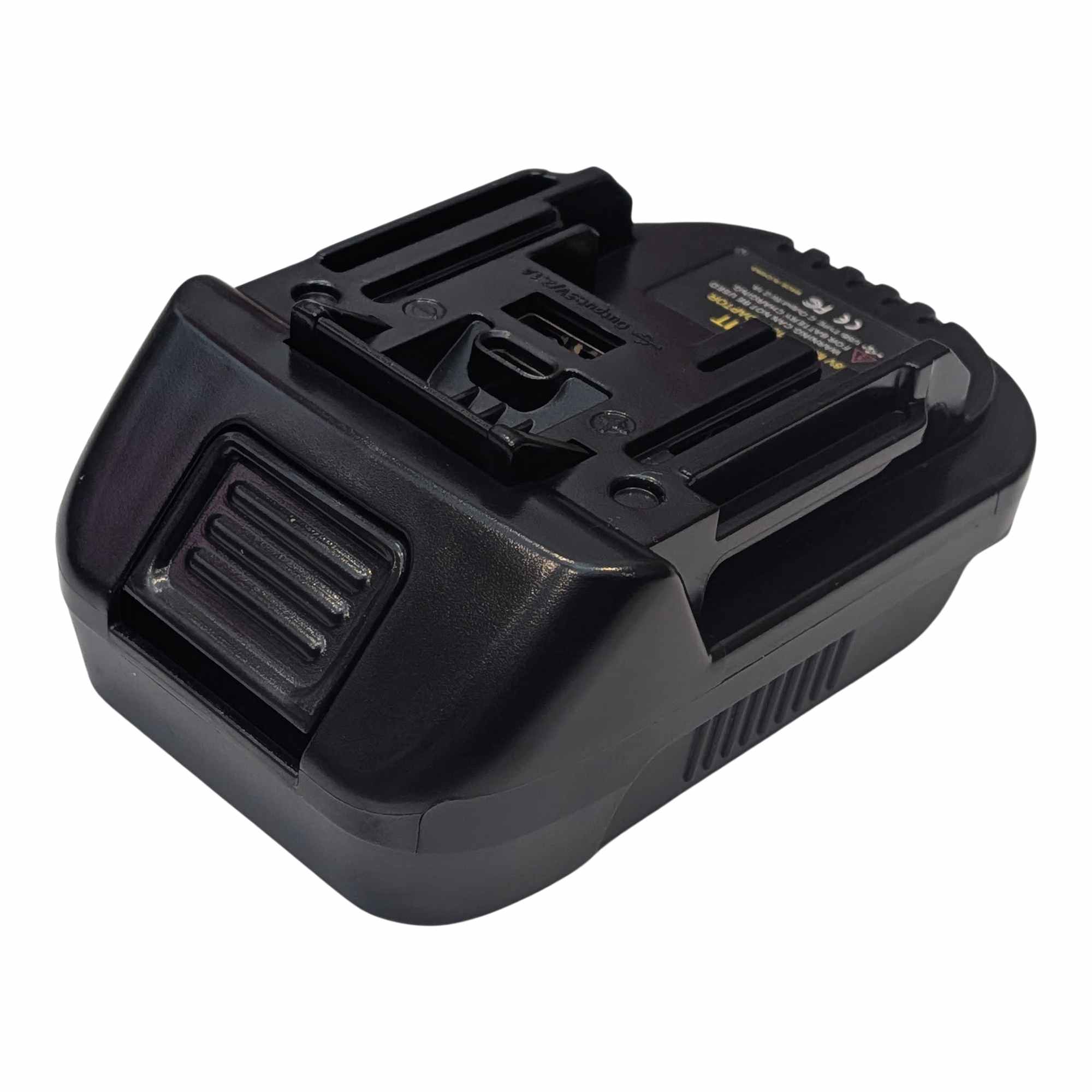 Ozito 18V PXC to RIDGID Plumbing battery adapter - RIDGID tool-side connection, angled view of the rails and centre latch