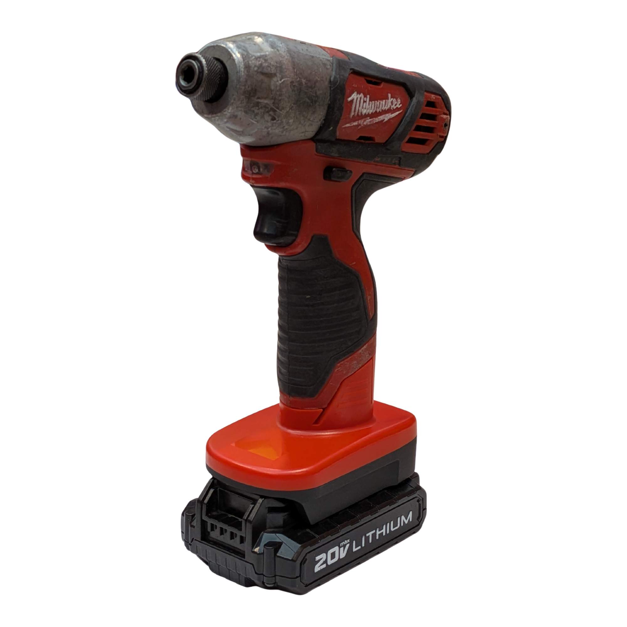 Porter Cable 20V to Milwaukee M12 battery adapter - impact driver installed on the tool side, fitted to the battery pack