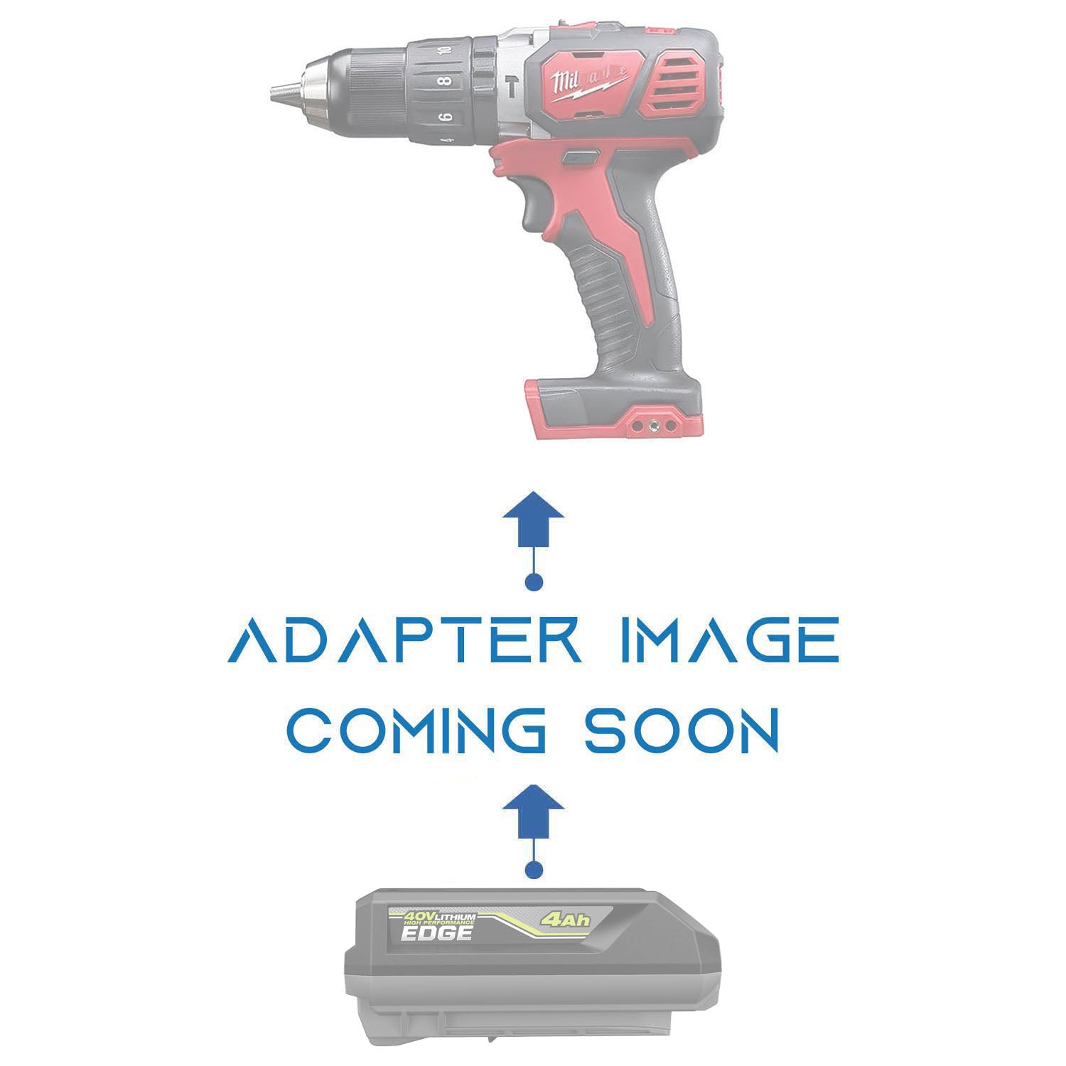 Ryobi 36V/40V to Milwaukee M18 battery adapter - placeholder text reading adapter image coming soon, cordless drill above